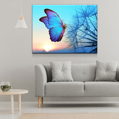 Blue Butterfly Canvas Wall Art, Dandelion Sunset Print