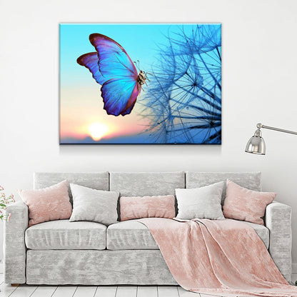 Blue Butterfly Canvas Wall Art, Dandelion Sunset Print