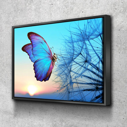 Blue Butterfly Canvas Wall Art, Dandelion Sunset Print