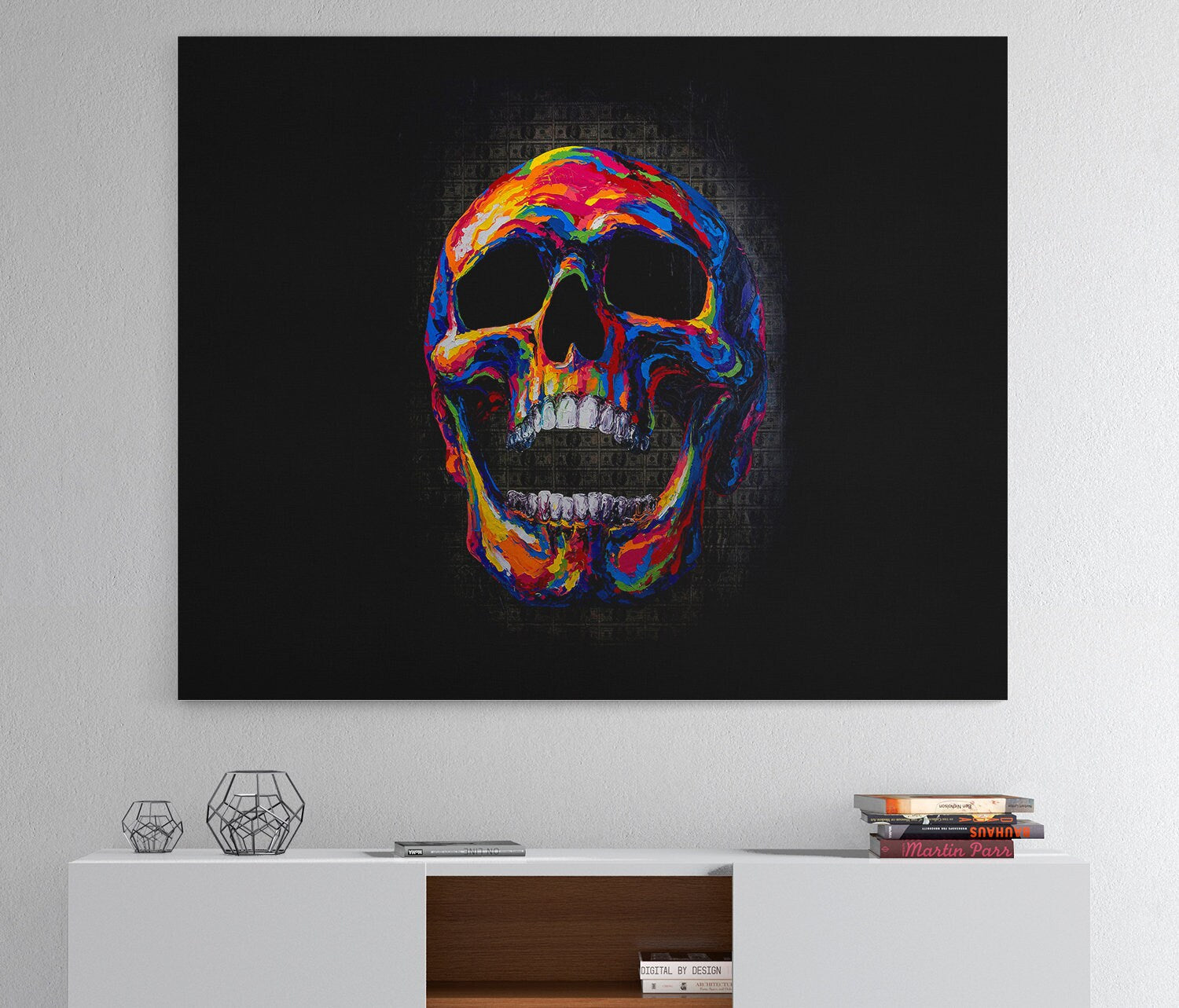 Money Skull abstract canvas wall art in a den