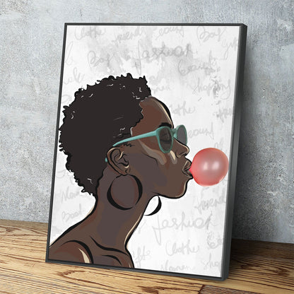 Black girl with bubble gum canvas wall art portrait for home decor