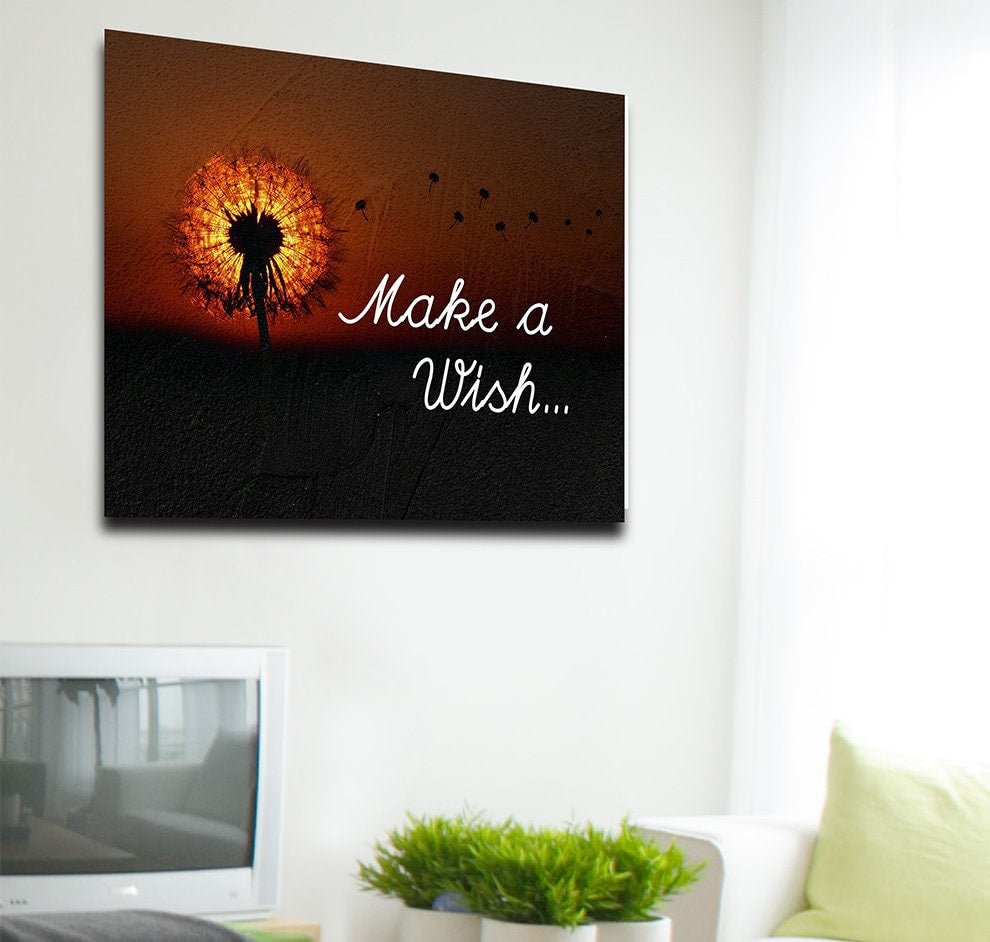 Make A Wish dandelion canvas wall art above a bed