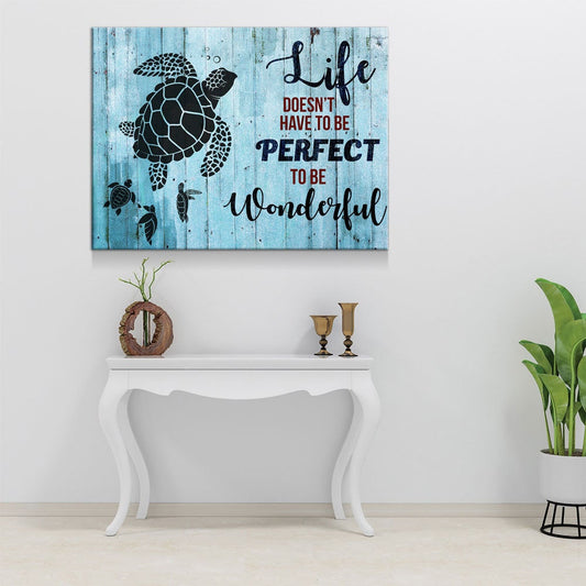 Sea turtle inspirational quote canvas in a coastal living room