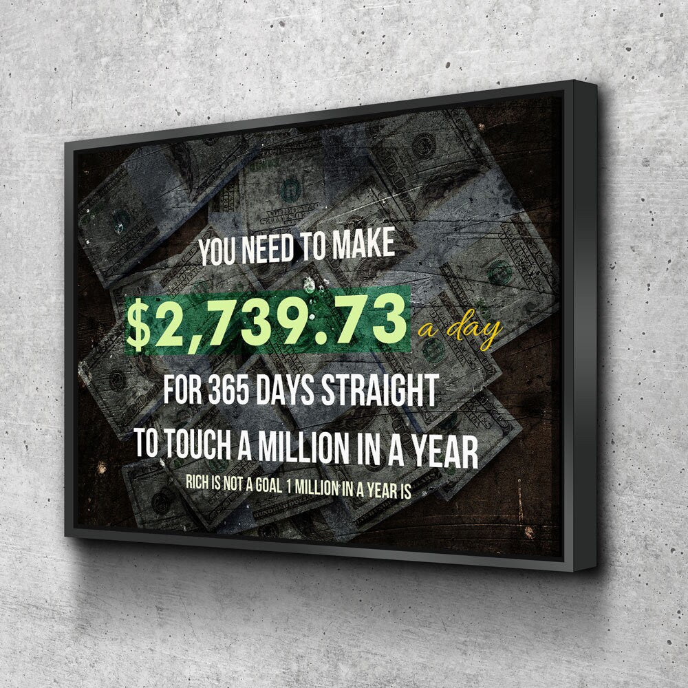 A million in a year success quote canvas in a home office