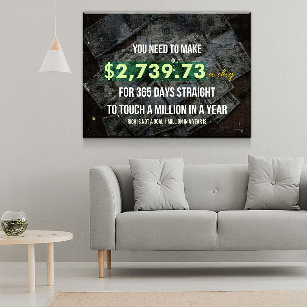 A Million In A Year Canvas Wall Art, Success Quote Office Decor