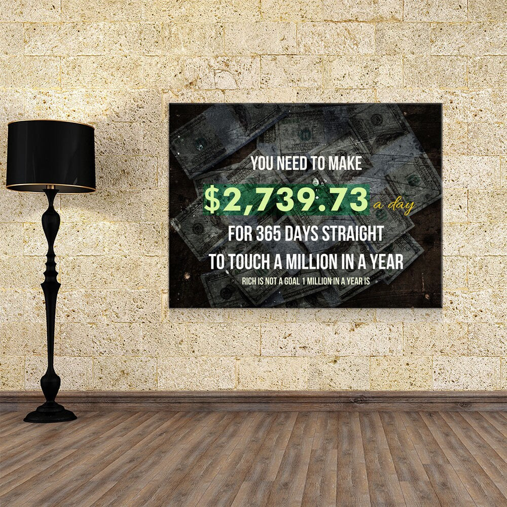 A Million In A Year Canvas Wall Art, Success Quote Office Decor