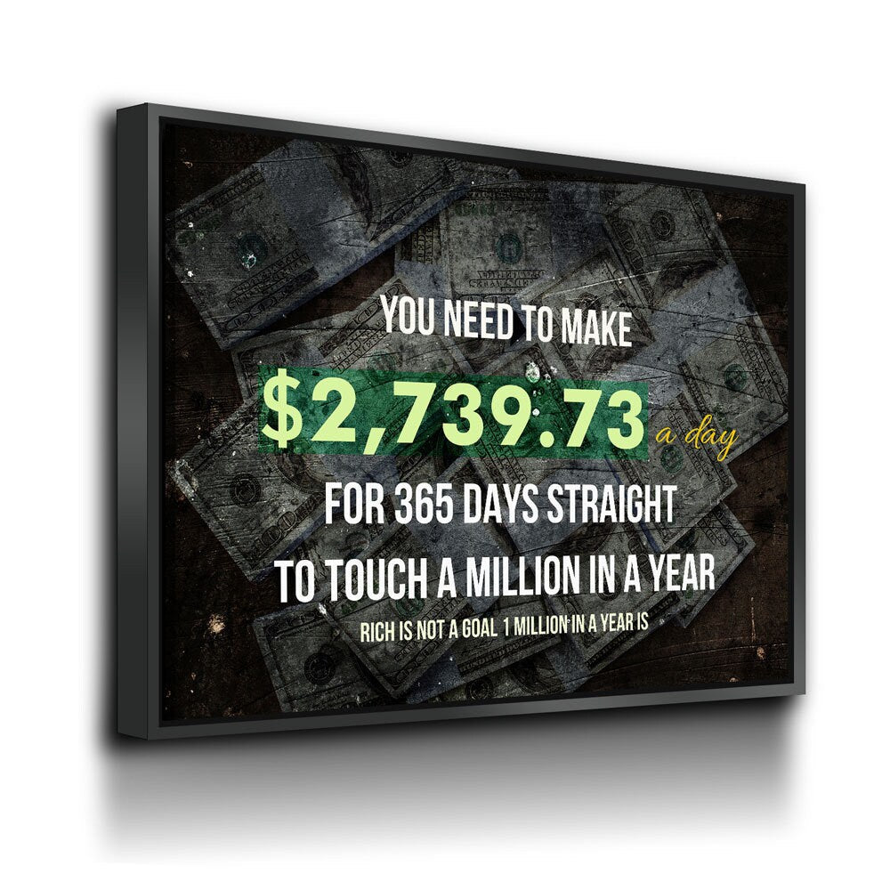 A Million In A Year Canvas Wall Art, Success Quote Office Decor