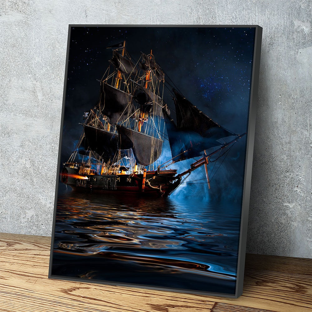 Pirate ship canvas wall art sailing a dark sea under the Jolly Roger flag