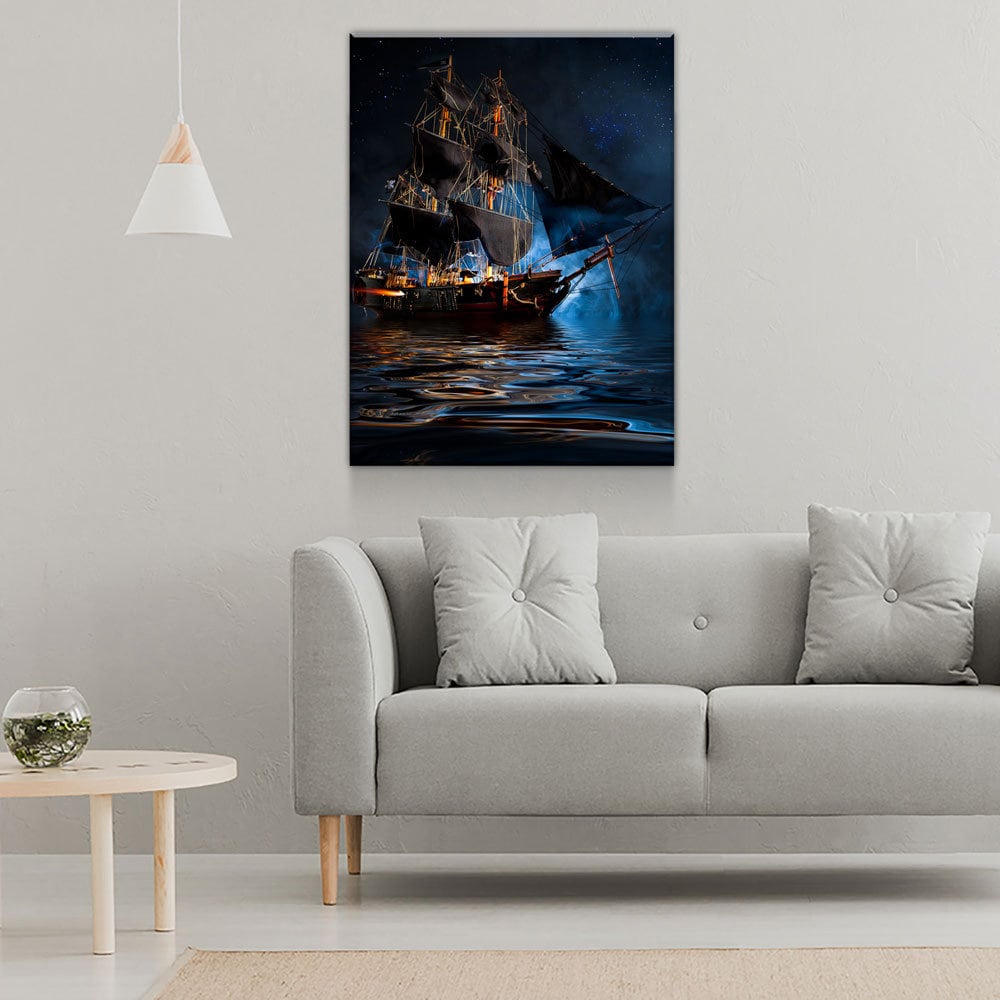 Pirate Ship Dark Sea Canvas Wall Art, Jolly Roger Battleship