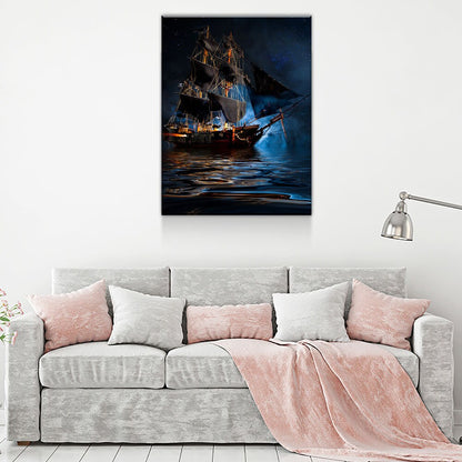 Pirate Ship Dark Sea Canvas Wall Art, Jolly Roger Battleship