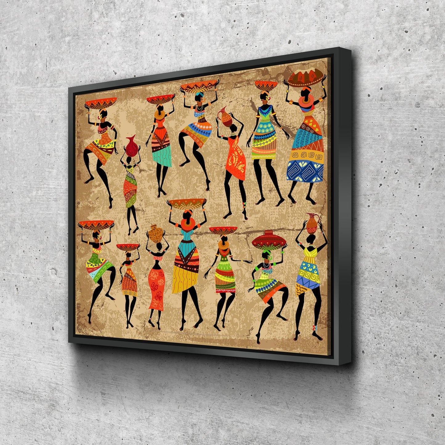 African women canvas wall art, dancing tribal ladies grunge print