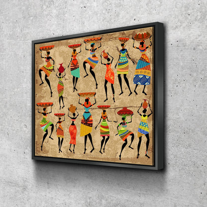 African women canvas wall art, dancing tribal ladies grunge print
