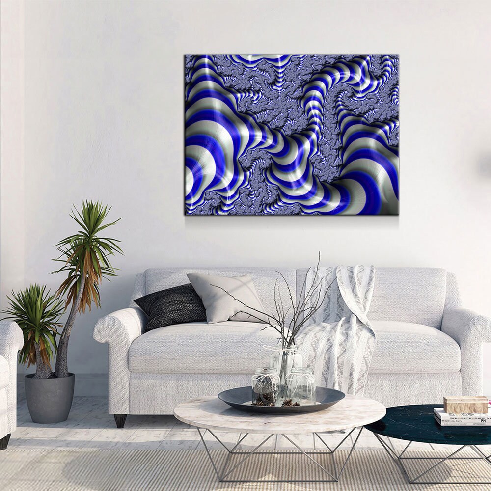 Blue fractal geometric 3-piece canvas wall art set for modern living room or office decor