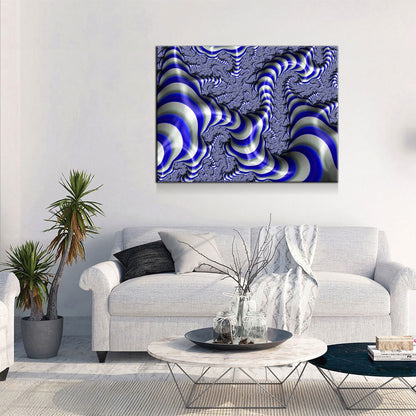 Blue fractal geometric 3-piece canvas wall art set for modern living room or office decor