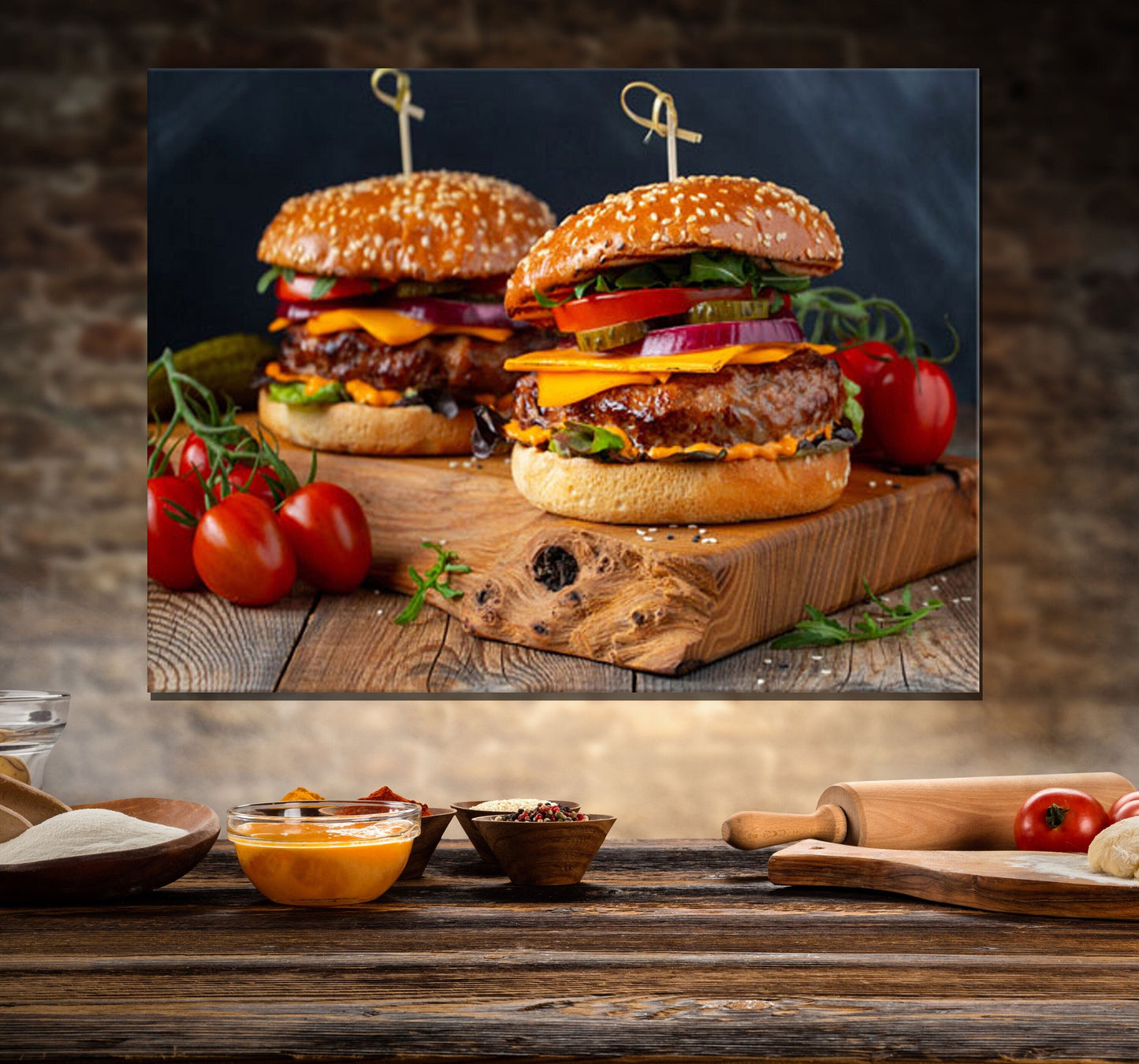 Juicy stacked cheeseburger canvas wall art for kitchen or diner decor