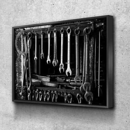 Mechanic tools canvas wall art in an auto shop office