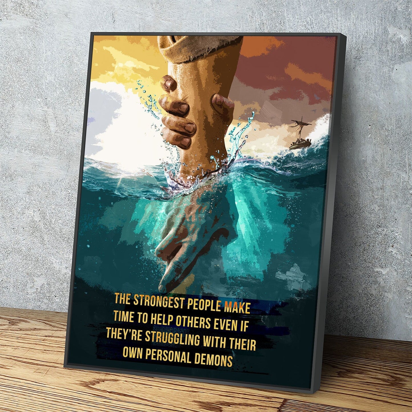 Strongest people help others inspirational quote canvas in a hallway