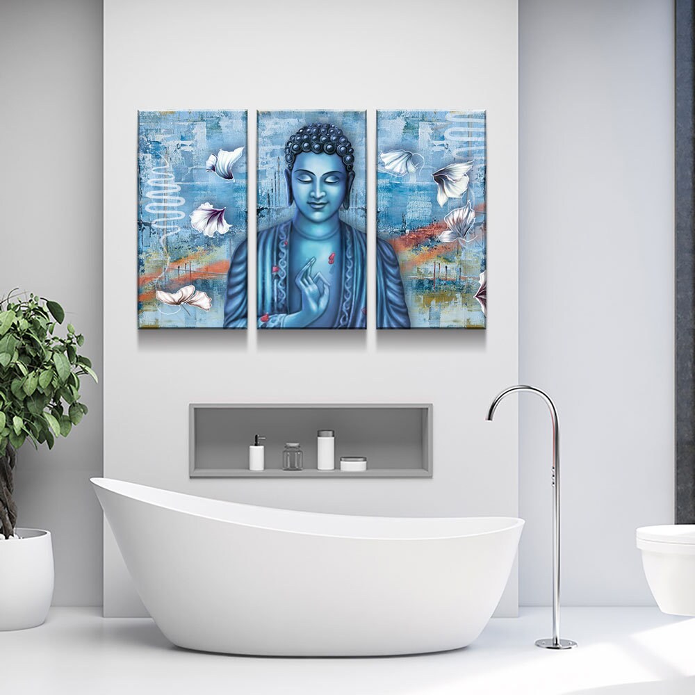 Blue Buddha meditation canvas wall art, modern zen decor for living room or office