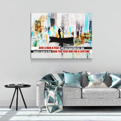 Teach A Man To Fish Canvas Wall Art, Motivational Abstract Decor