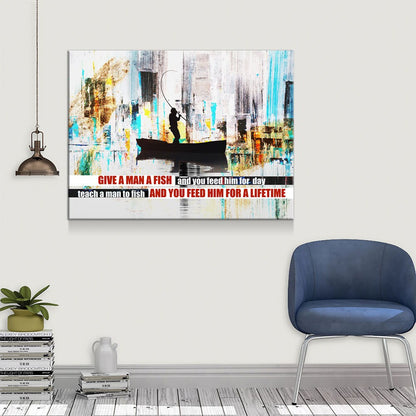 Teach A Man To Fish Canvas Wall Art, Motivational Abstract Decor