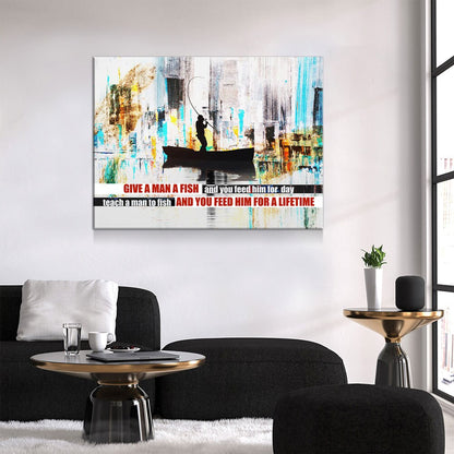 Teach A Man To Fish Canvas Wall Art, Motivational Abstract Decor