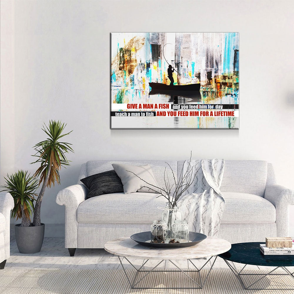 Teach A Man To Fish Canvas Wall Art, Motivational Abstract Decor
