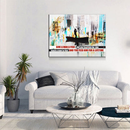 Teach A Man To Fish Canvas Wall Art, Motivational Abstract Decor