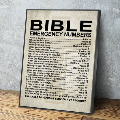 Bible Emergency Numbers scripture canvas wall art for faith-based home decor