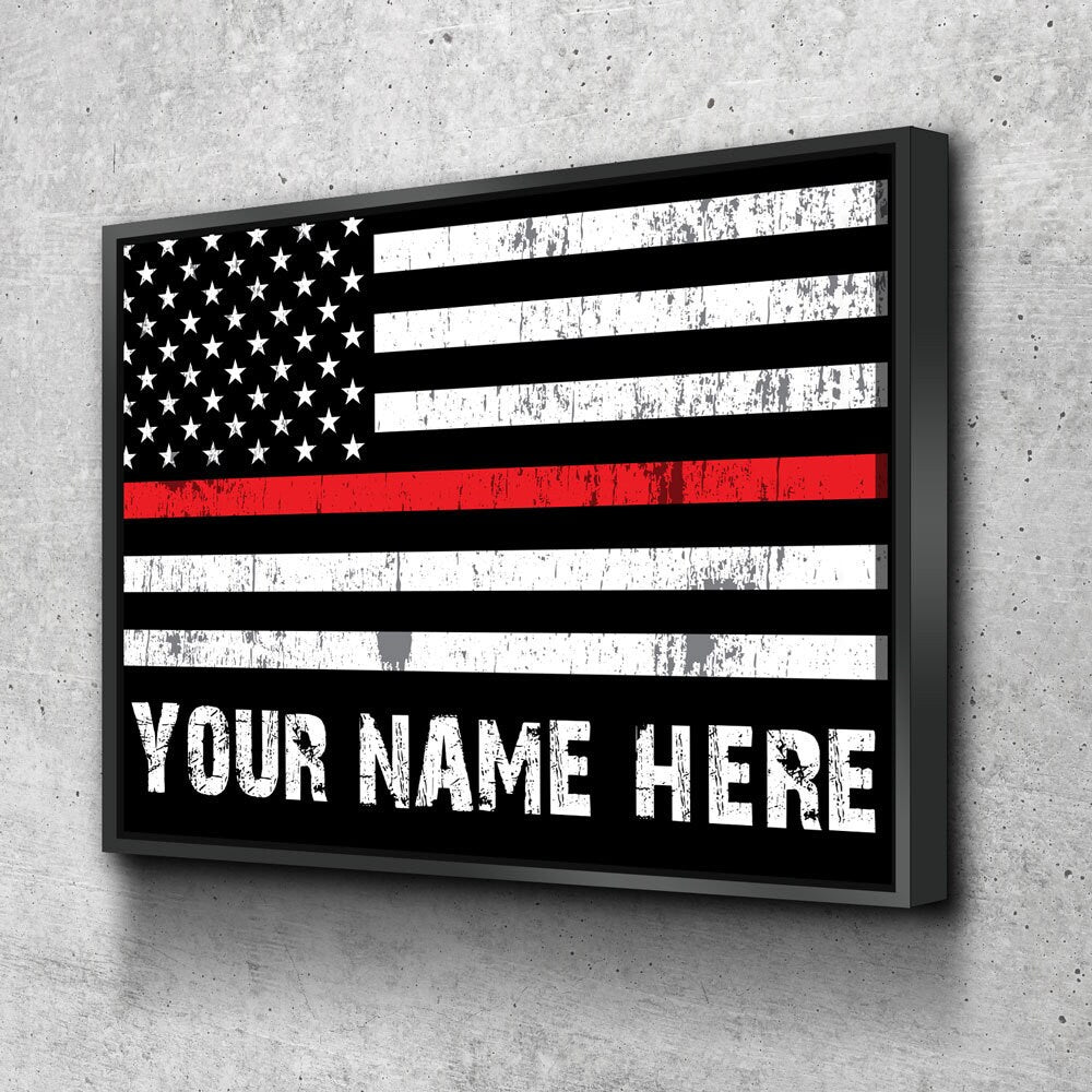 Personalized Thin Red Line flag canvas wall art in a firefighter's den