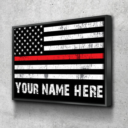 Personalized Thin Red Line flag canvas wall art in a firefighter's den