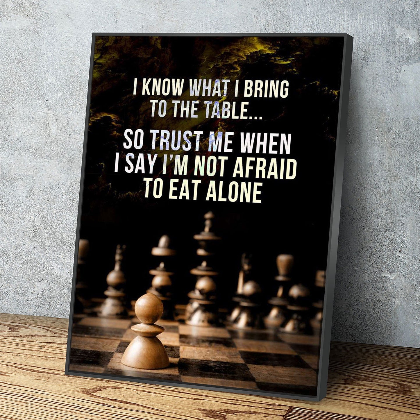 Chess themed motivational quote canvas in a game room