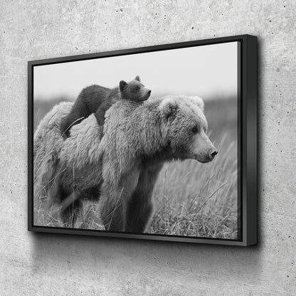 Grizzly bear and cub wildlife canvas wall art for cabin or lodge decor