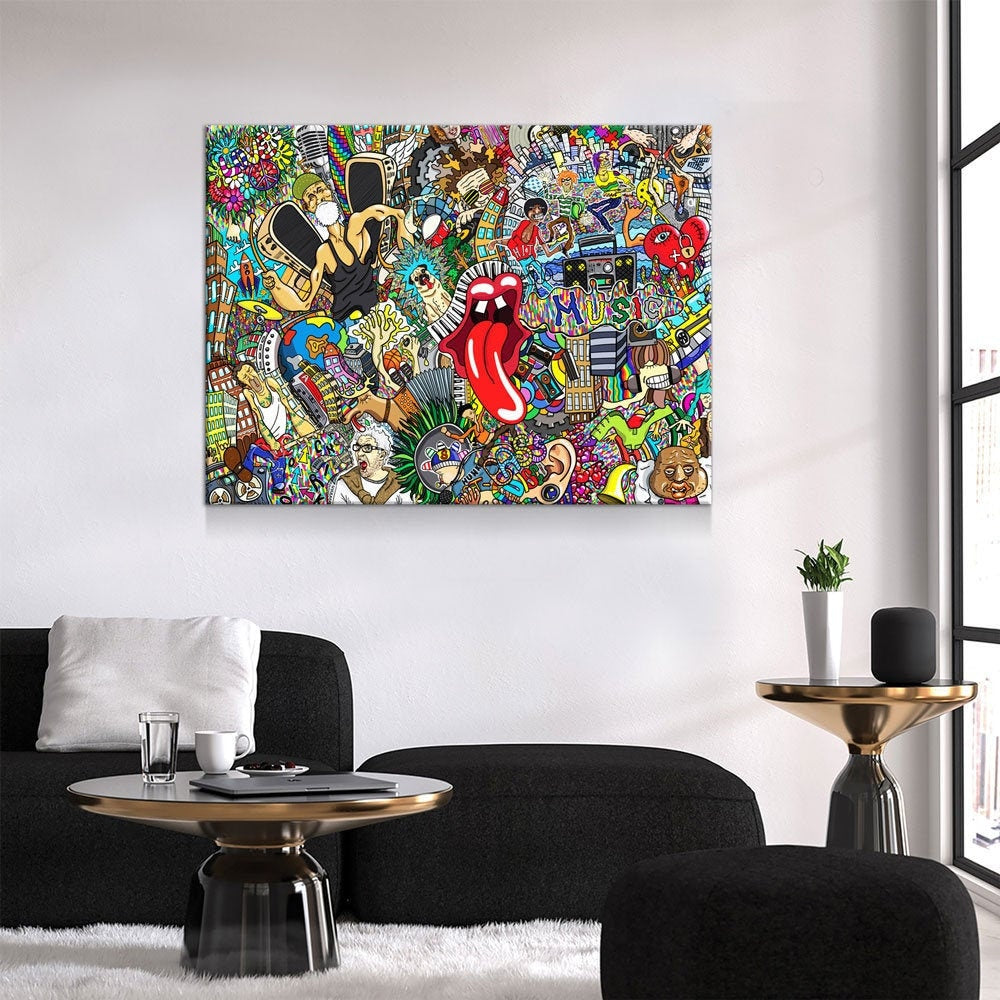 Graffiti music collage canvas wall art with urban hip hop color palette