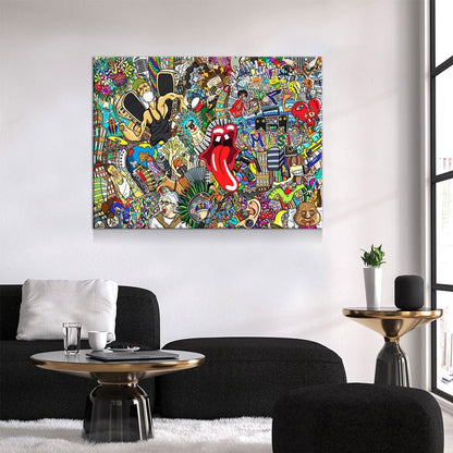 Graffiti music collage canvas wall art with urban hip hop color palette