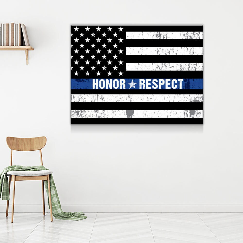 Honor Respect Thin Blue Line Canvas Wall Art, Police Decor