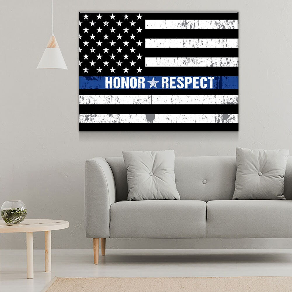Honor Respect Thin Blue Line Canvas Wall Art, Police Decor