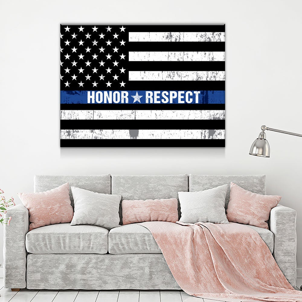 Honor Respect Thin Blue Line Canvas Wall Art, Police Decor