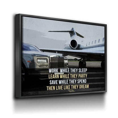 Work While They Sleep motivational quote canvas in a home office