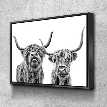 Highland cows black and white farmhouse canvas in a kitchen