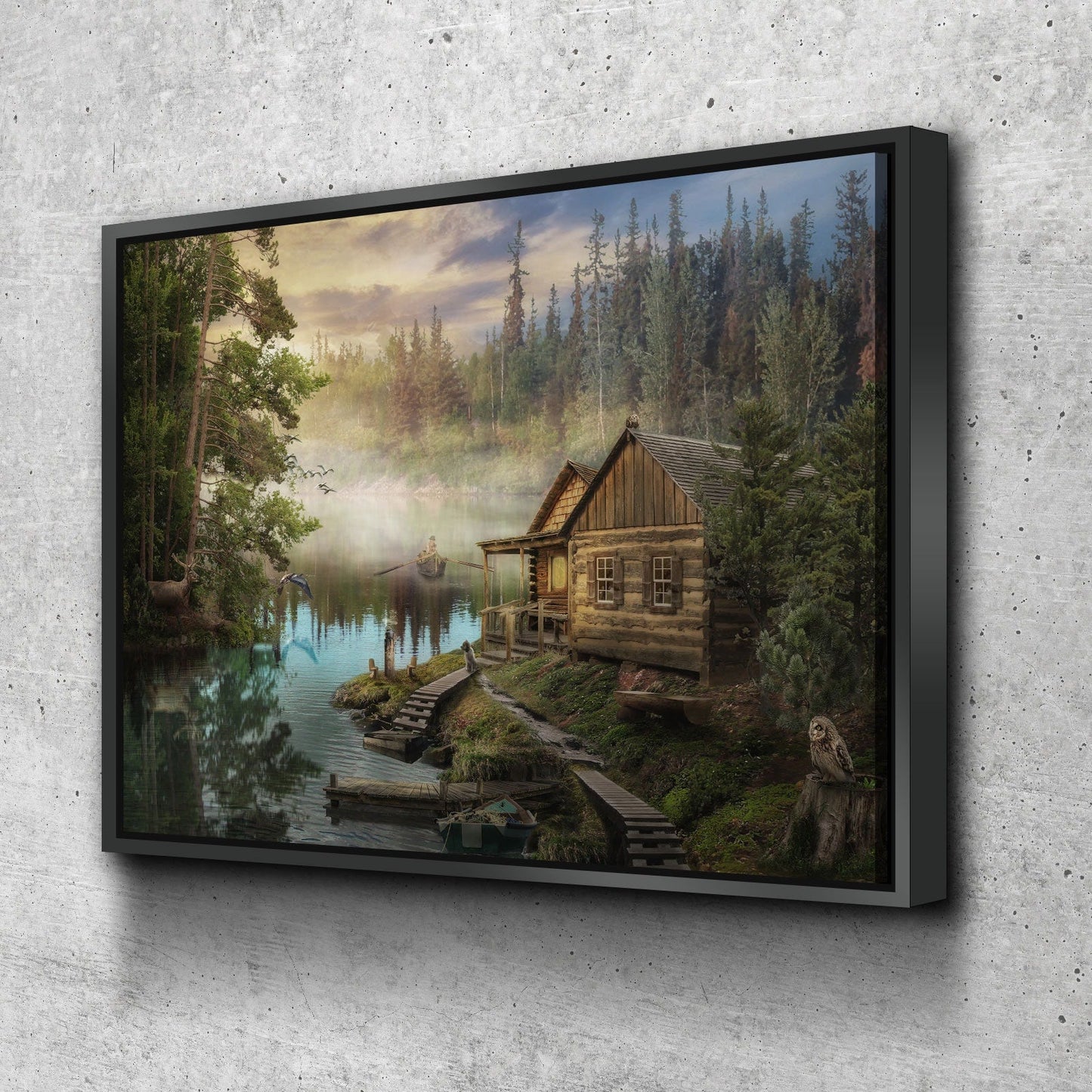 Cabin on the lake canvas wall art with deer and owl