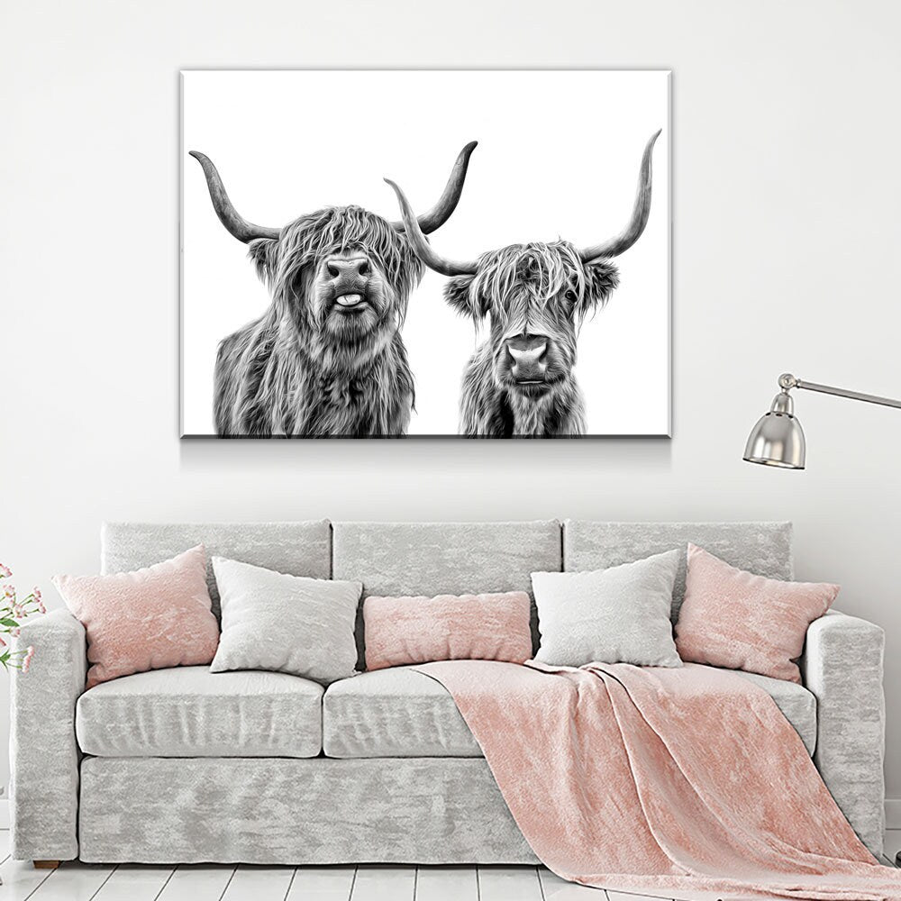 Highland Cows Canvas Wall Art, Black And White Farmhouse Decor
