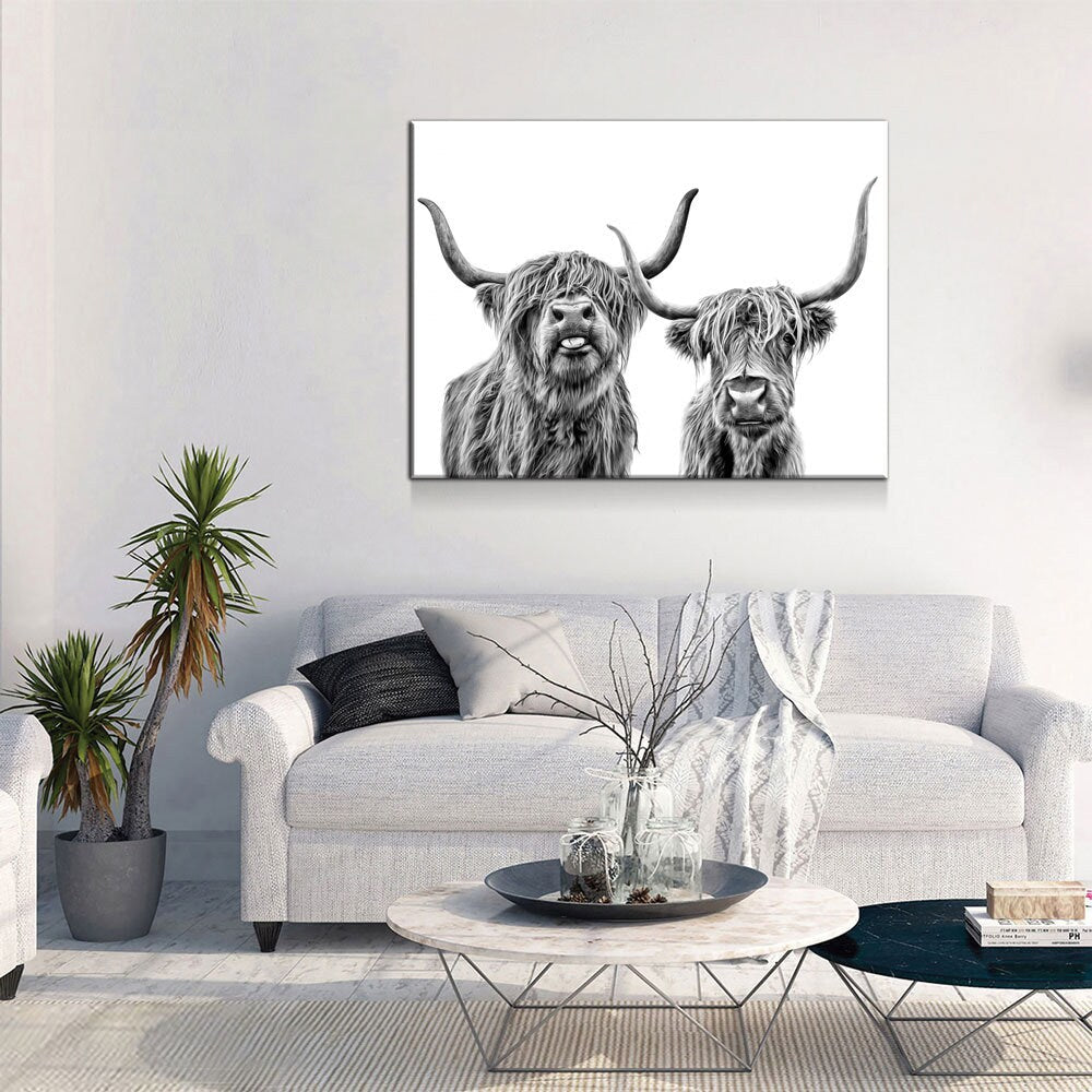 Highland Cows Canvas Wall Art, Black And White Farmhouse Decor