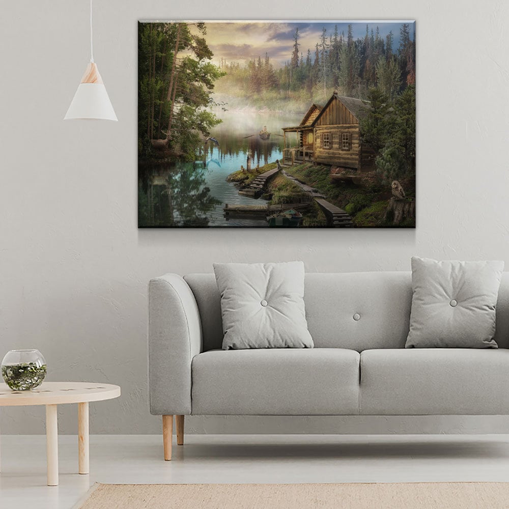 Cabin On The Lake Canvas Wall Art