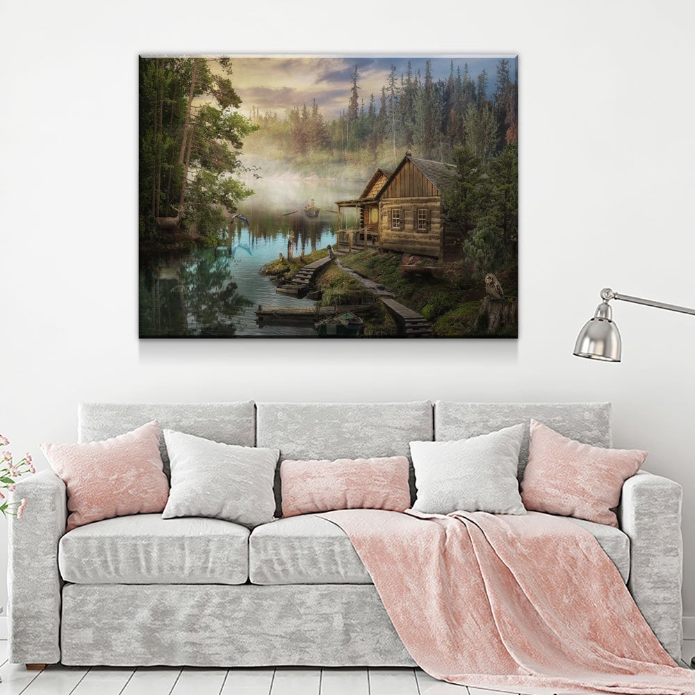 Cabin On The Lake Canvas Wall Art