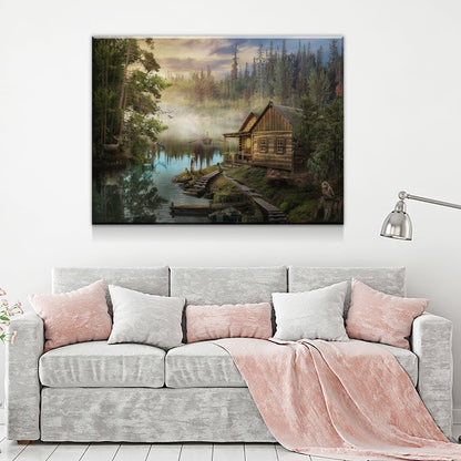 Cabin On The Lake Canvas Wall Art