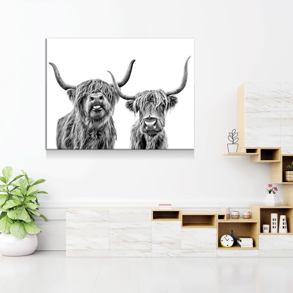 Highland Cows Canvas Wall Art, Black And White Farmhouse Decor