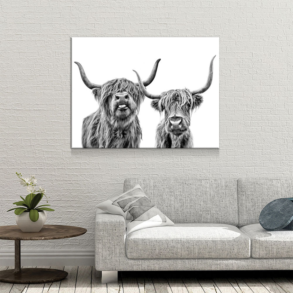 Highland Cows Canvas Wall Art, Black And White Farmhouse Decor