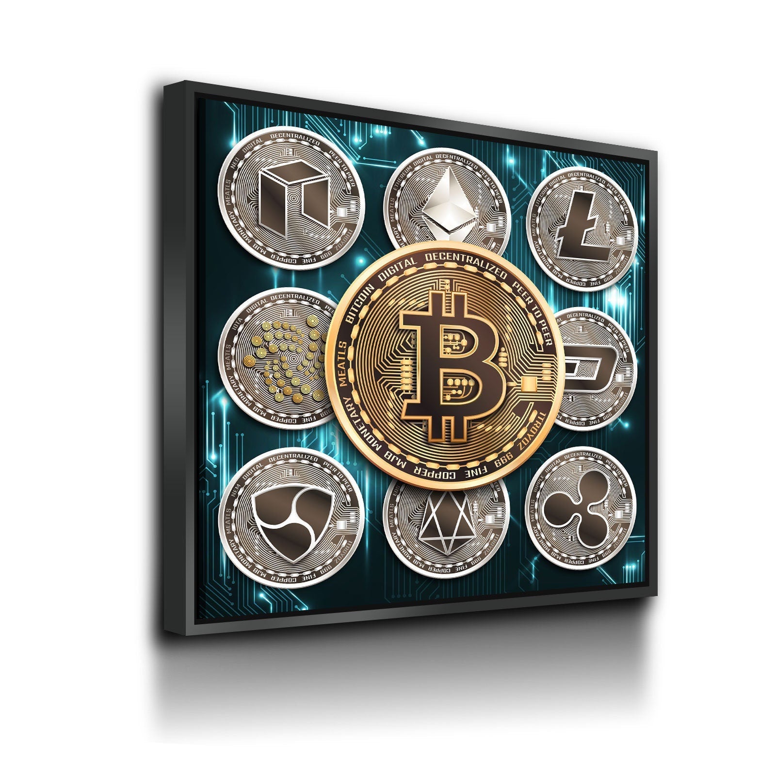 Cryptocurrency canvas wall art, Bitcoin and crypto coin collage print
