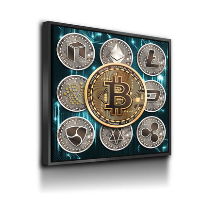 Cryptocurrency canvas wall art, Bitcoin and crypto coin collage print
