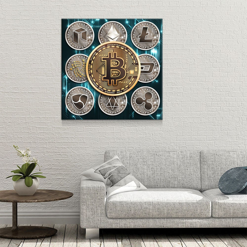 Cryptocurrency Canvas Wall Art, Crypto Coin Collage